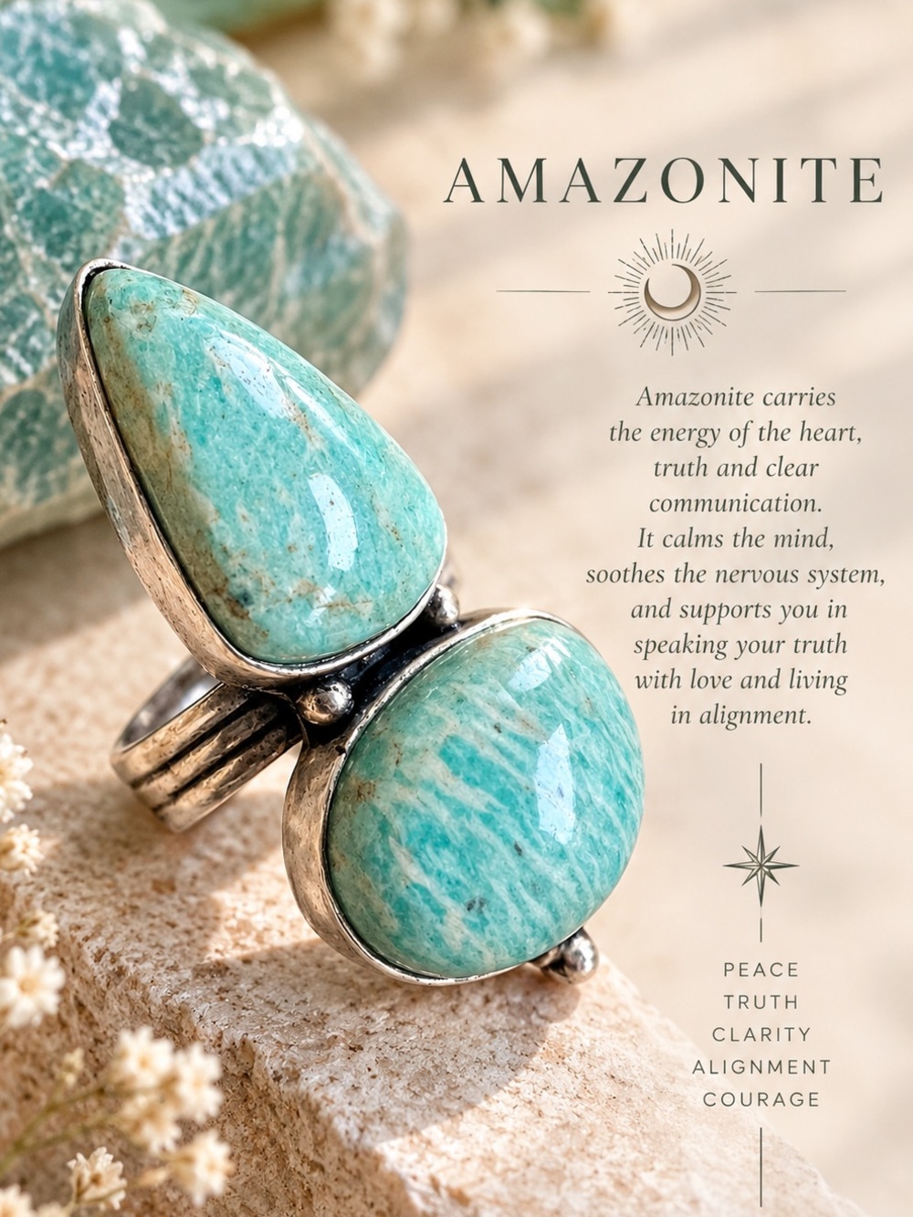 925 Sea Mist AMAZONITE Double Stone Ring 6.5